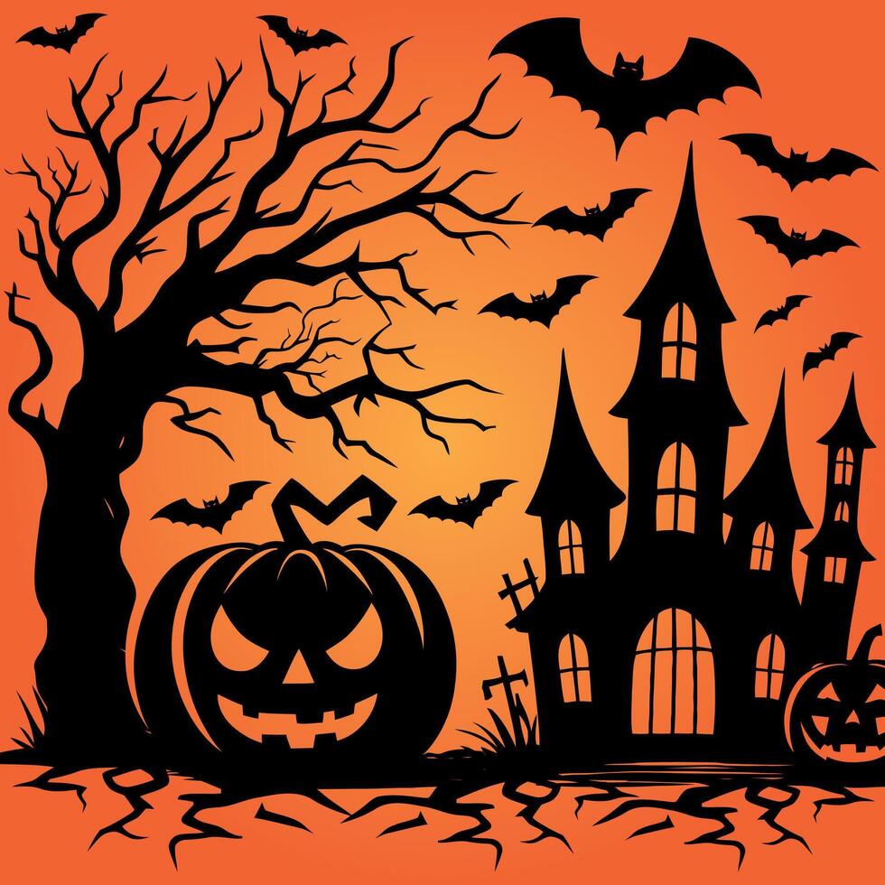 Halloween background with a haunted house and pumpkins vector