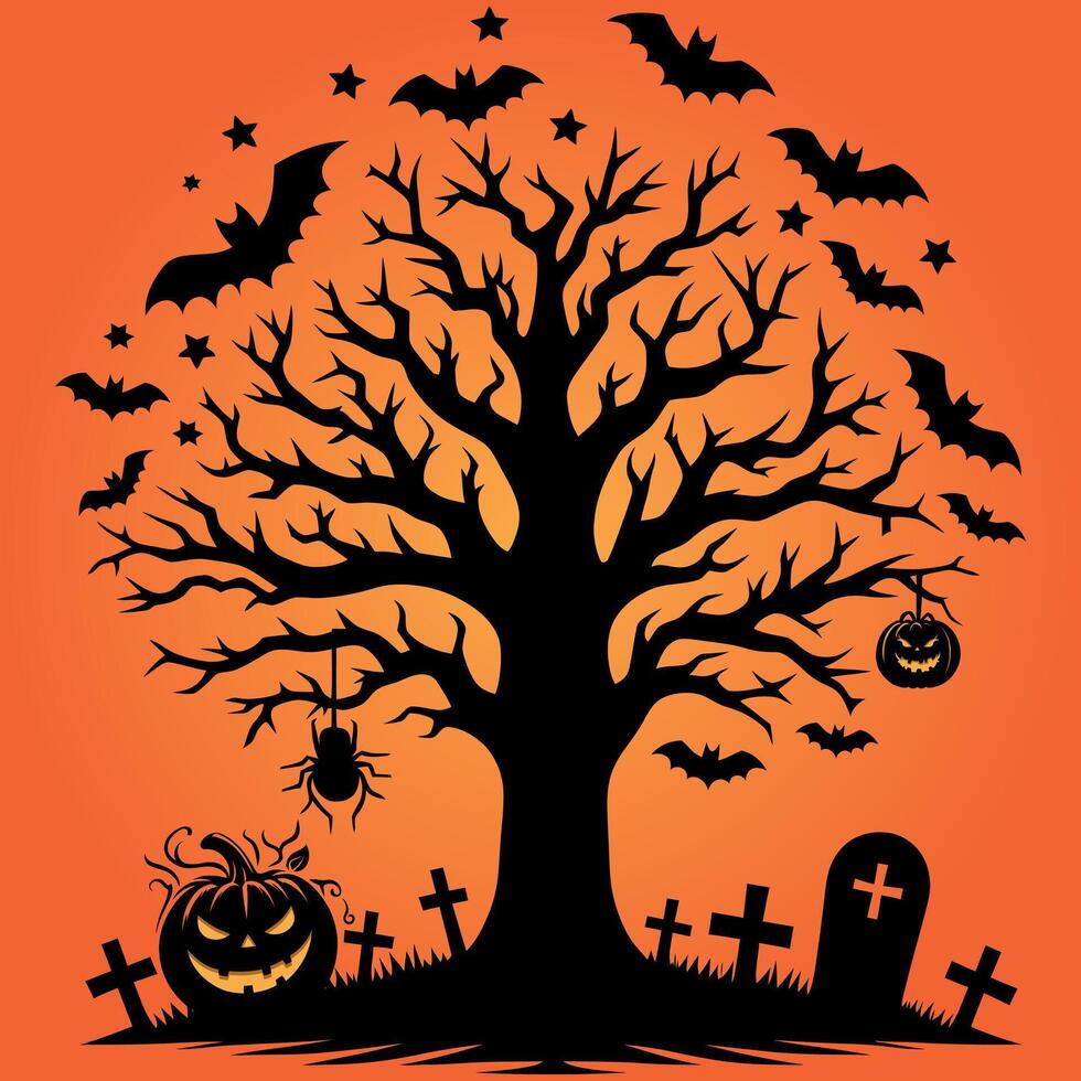 Halloween tree with flying bats hanging spider and pumpkin in tree branch vector