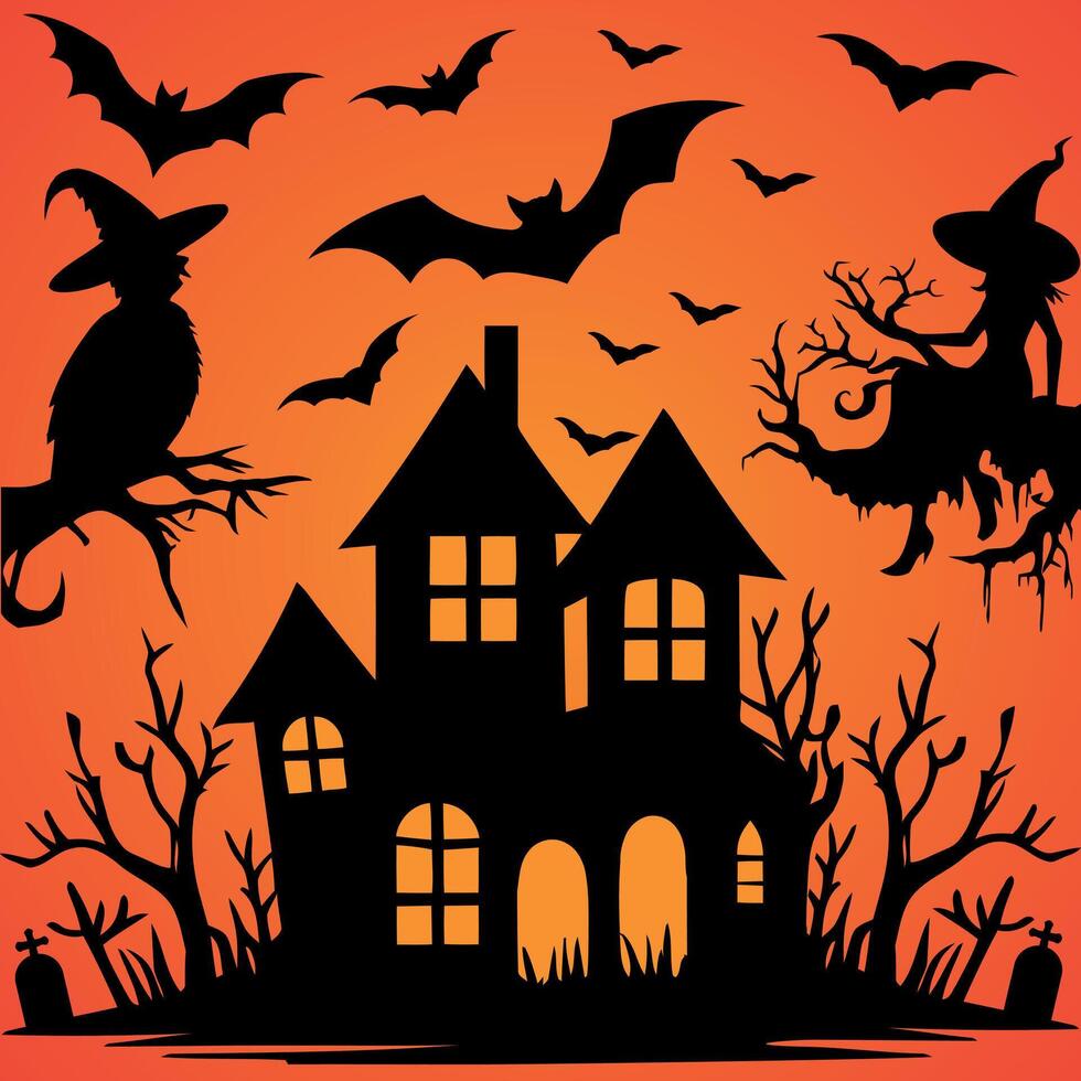 Halloween house with bats and witches on orange background vector
