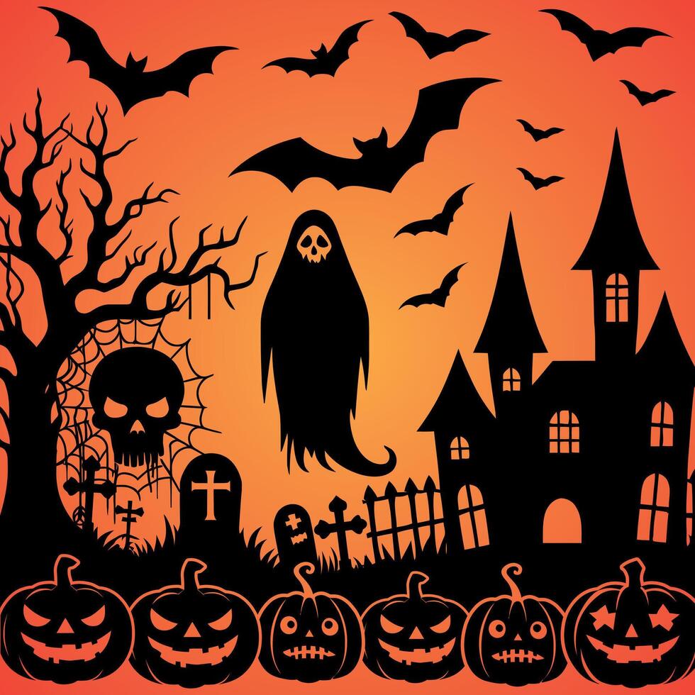 Halloween background with ghost, pumpkins and graveyard vector