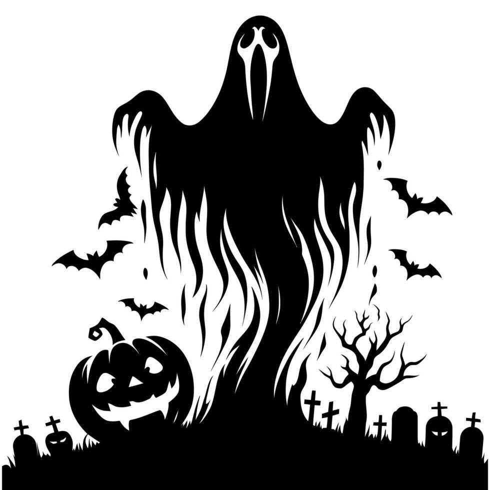 Halloween ghost with pumpkin and tombstone vector