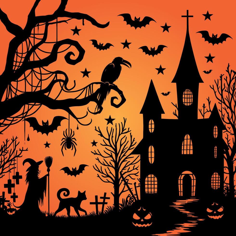 Halloween background with castle, witch, cat and bats vector