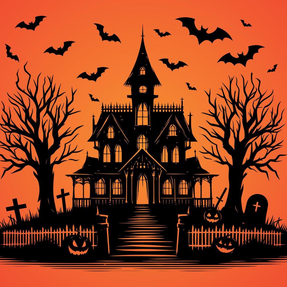 Halloween background with haunted house and graveyard vector