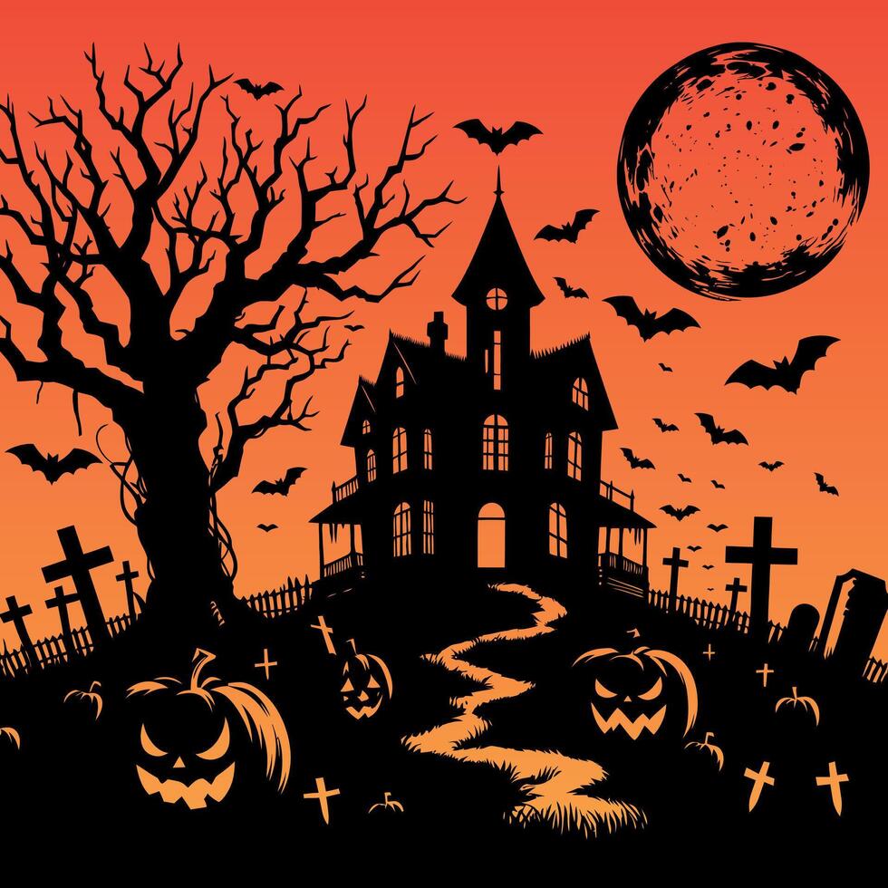 Halloween background with haunted house, graveyard and pumpkins vector