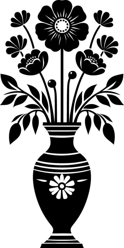 Black and white illustration of a vase with flowers vector