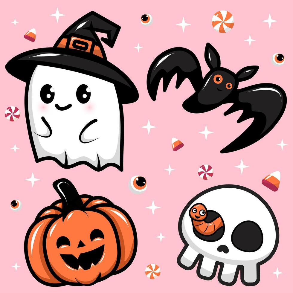 Cute Hallowen characters, objects set vector