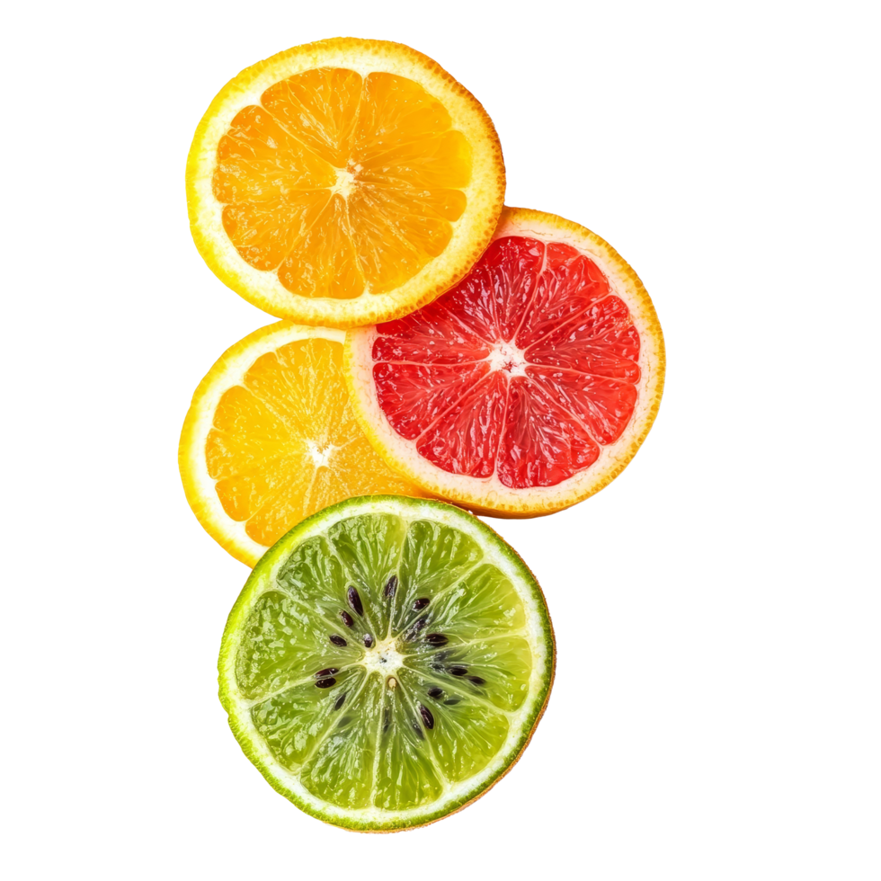 Brightly sliced orange, grapefruit, and lime arranged neatly against a transparent background, showcasing natural colors, fresh sliced fruits on transparent background png