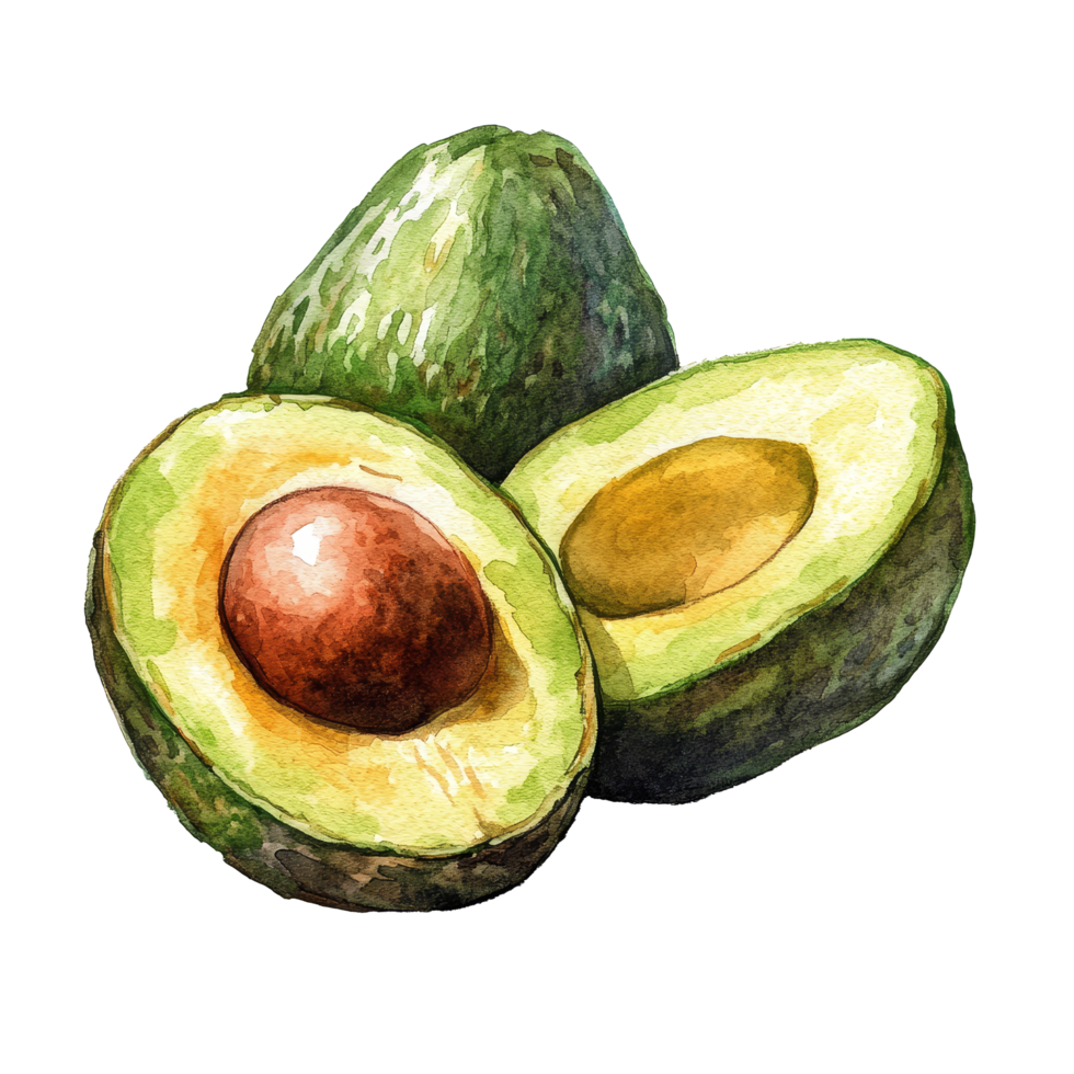 This artwork features beautifully rendered half avocados highlighting their smooth texture and colorful interior, half avocados in drawing on transparent background png