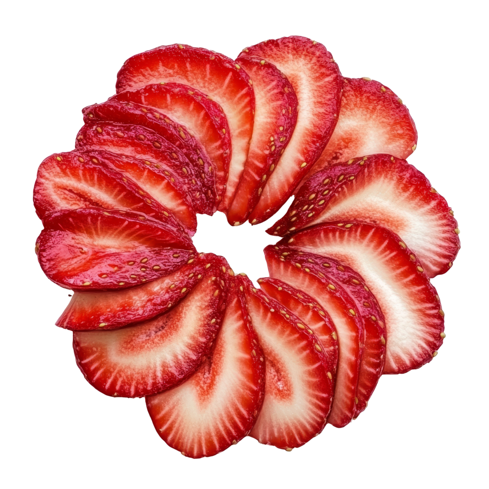 Vibrant red strawberries are expertly sliced and displayed in an attractive circular layout against a bright background, fresh sliced strawberry on transparent background png