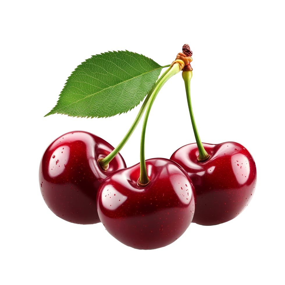 Three ripe cherries with green leaves pop against a clean background, showcasing their juicy freshness, Mandarin fruit isolated on trransparent png