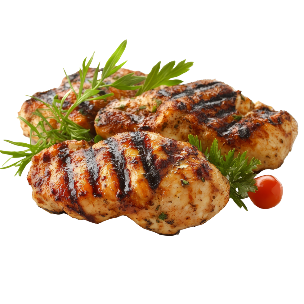 Juicy grilled chicken fillets garnished with fresh herbs and cherry tomatoes, perfect for a healthy meal or salad, grilled chicken on transparent background png