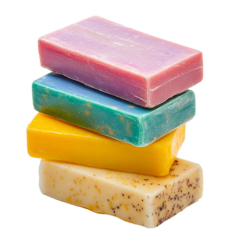 A variety of handmade soap bars displayed in a vibrant, stacked arrangement on a clean transparent background, group of soap bars on transparent background png