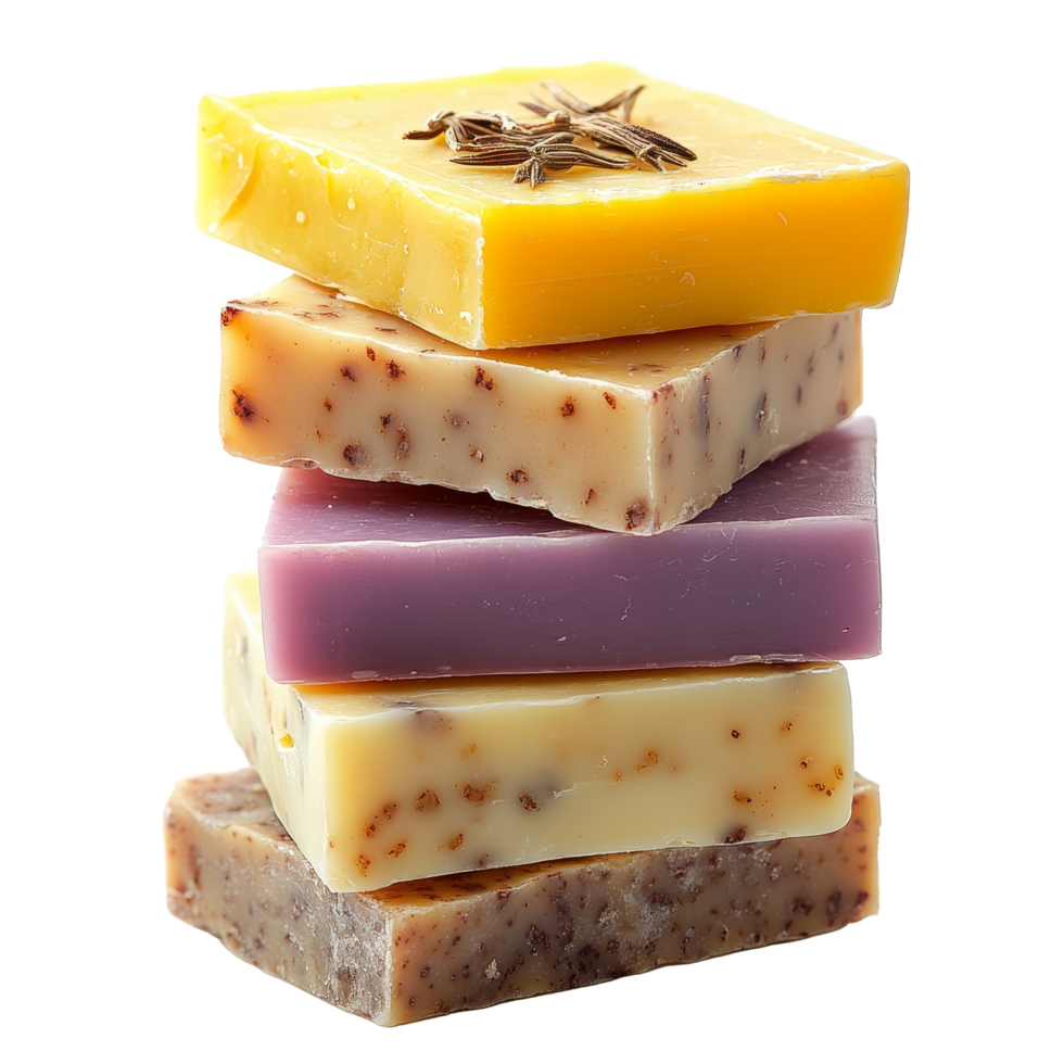 Colorful handmade soap bars stacked on a transparent background, showcasing unique textures and natural ingredients, group of soap bars on transparent background png