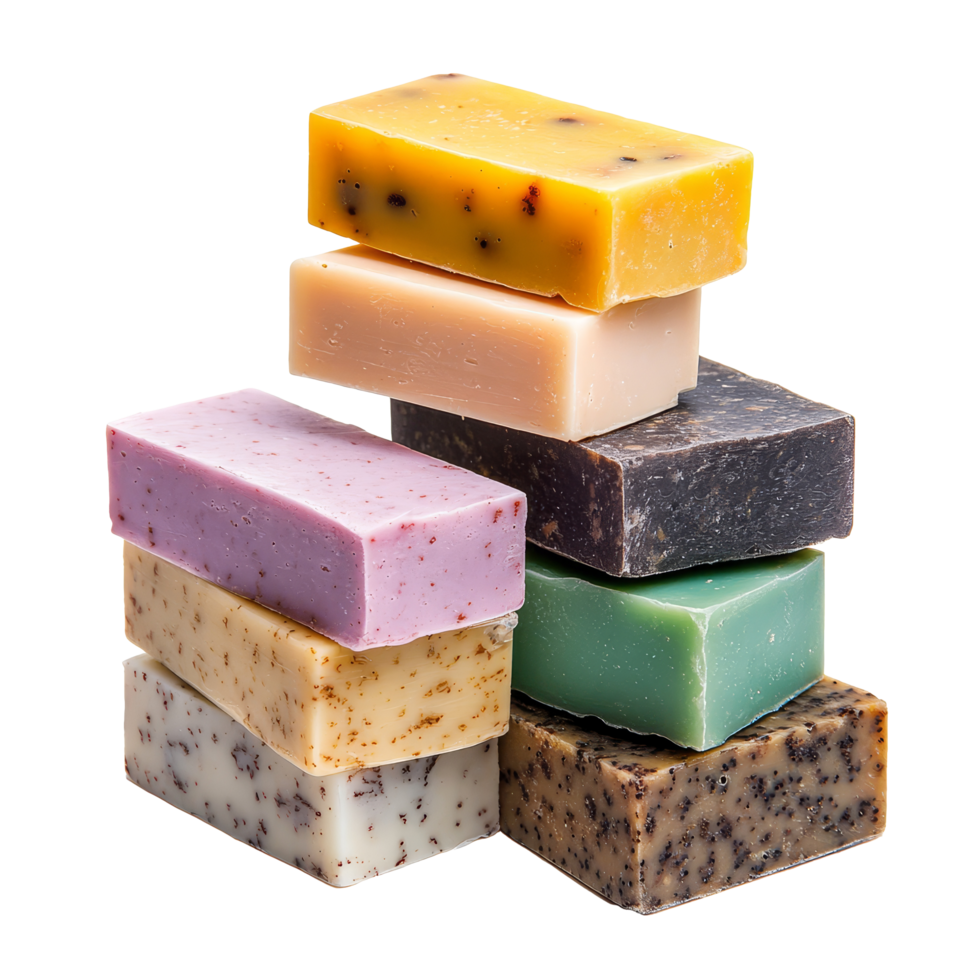 A stack of soap bars displaying unique colors and textures, showcasing their natural charm, group of soap bars on transparent background png