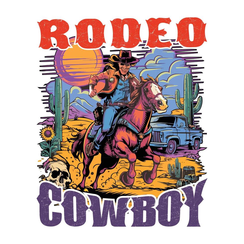 Cowboy riding a horse with the words rodeo cowboy vector
