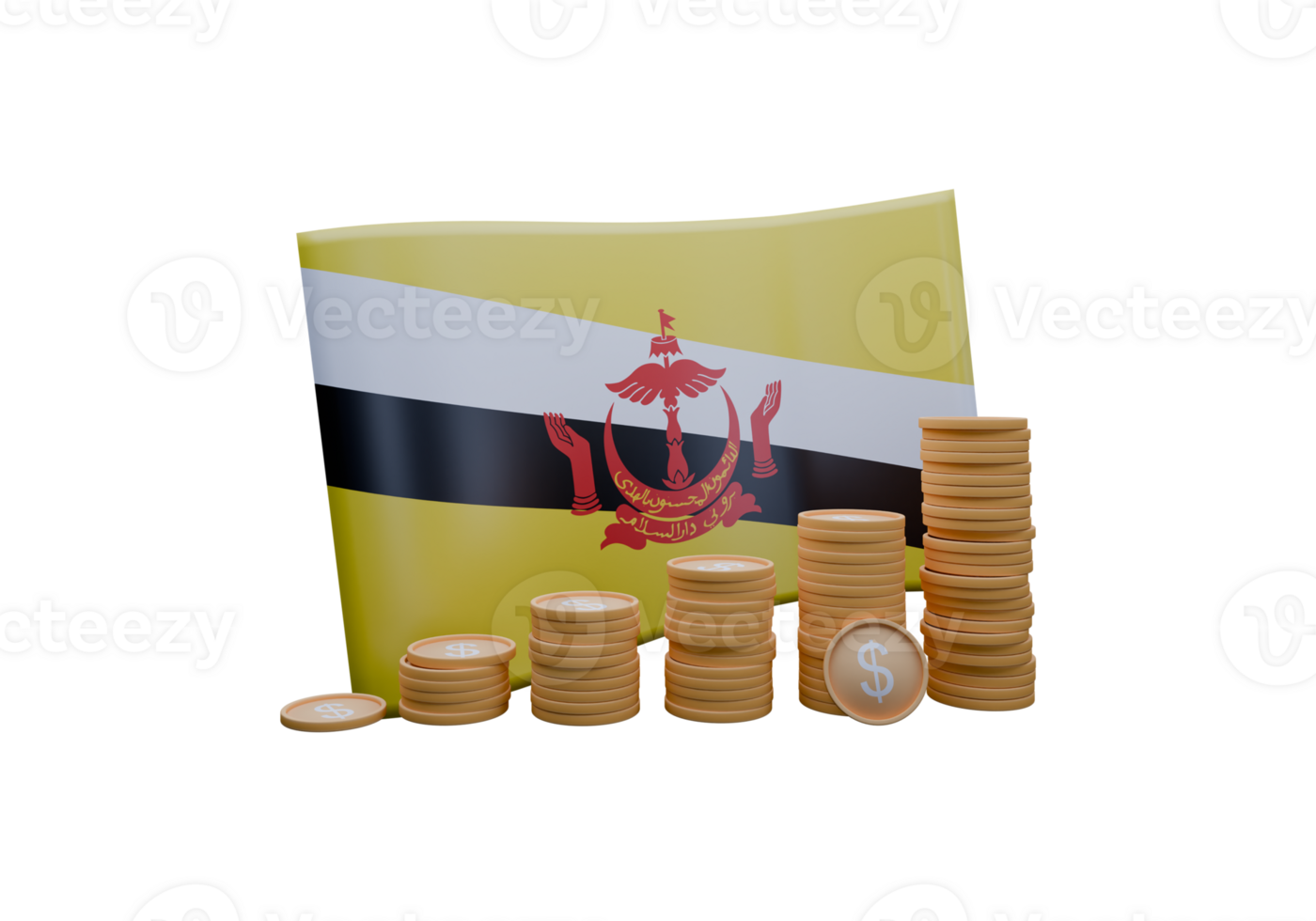 Elegant 3D render illustration of Brunei Darussalam flag and currency called Dollar png
