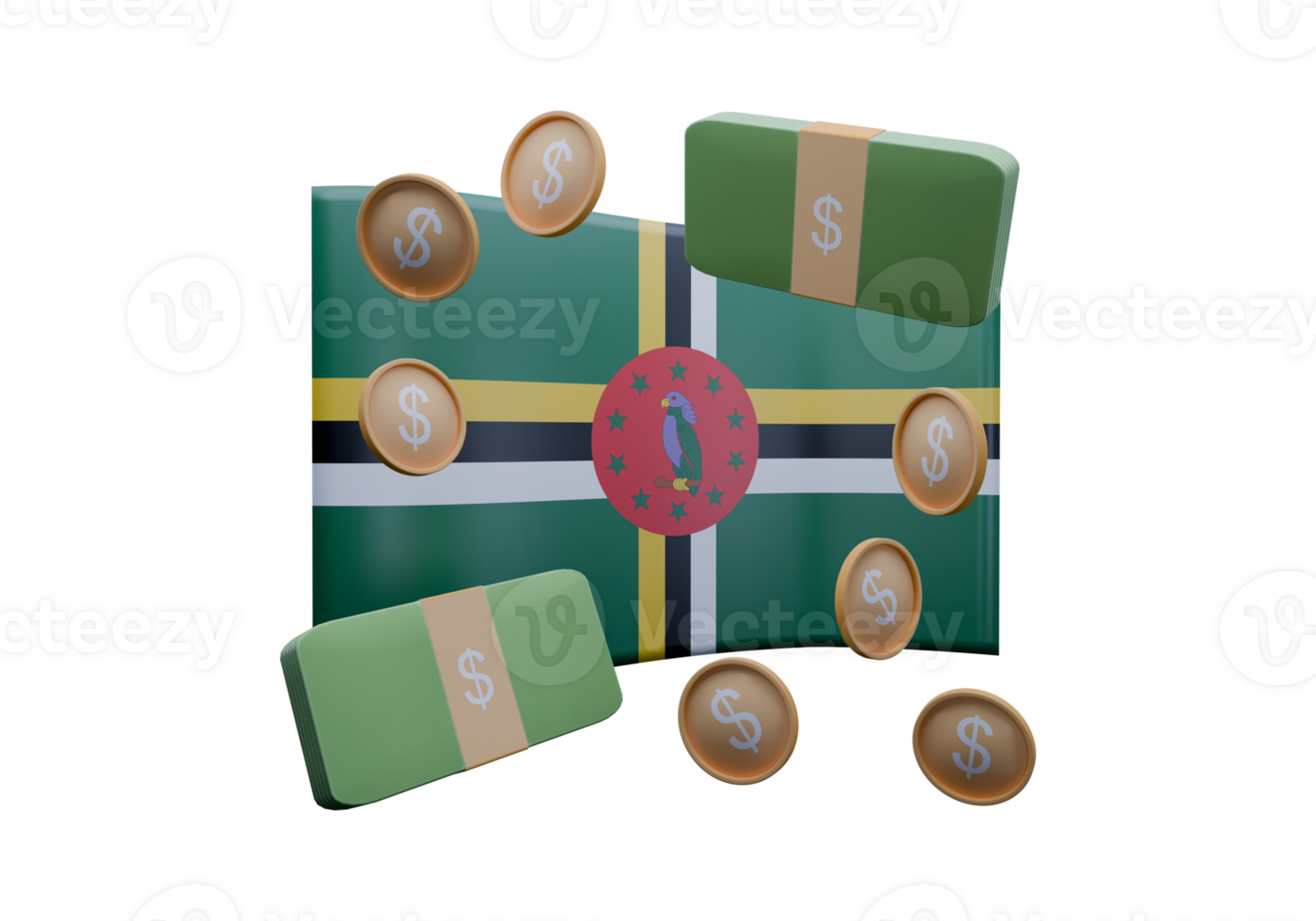 Iridescent 3D render illustration of Dominica flag and currency called East Caribbean Dollar png
