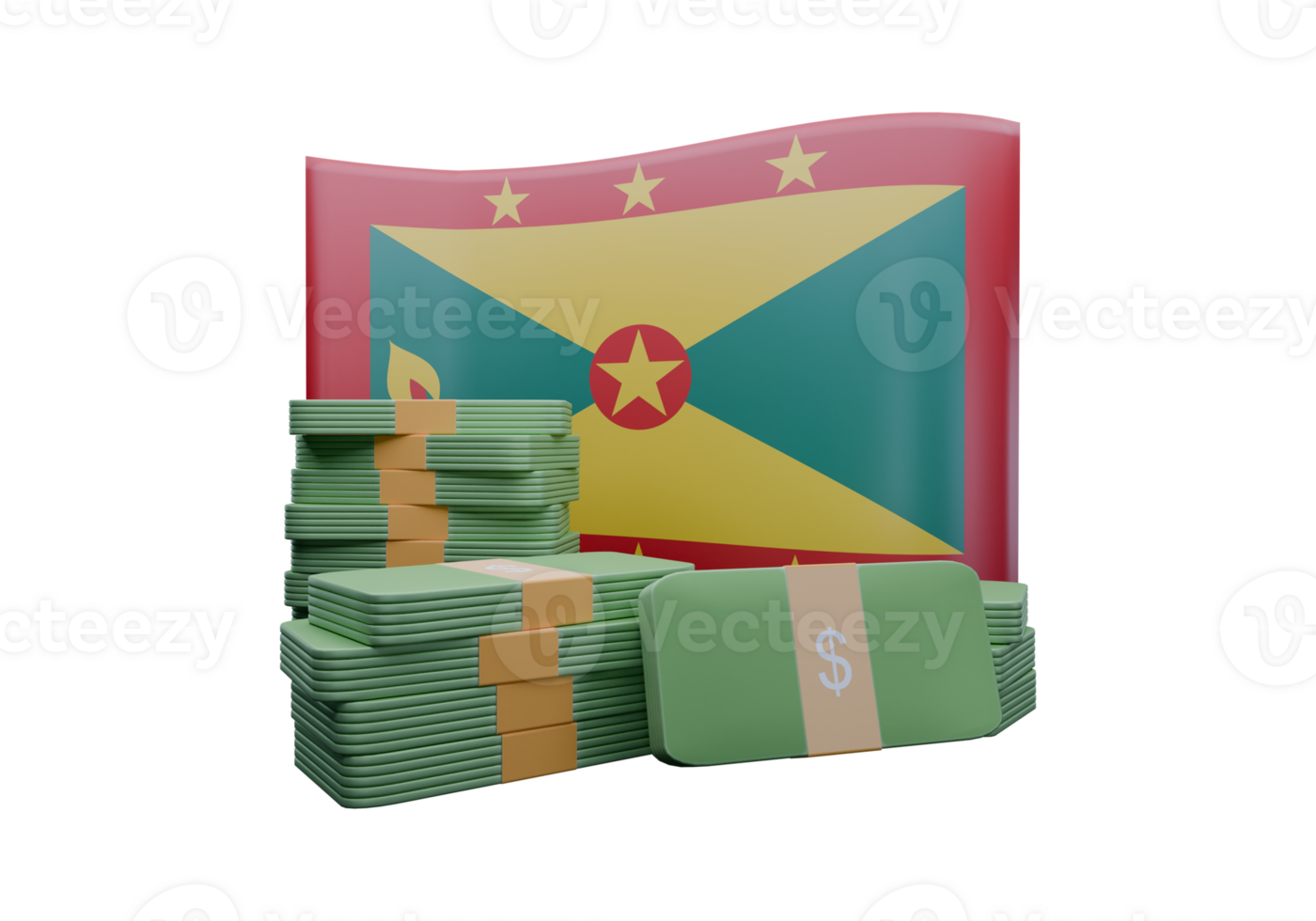 Majestic beauty 3D render illustration of Grenada flag and currency called East Caribbean Dollar png