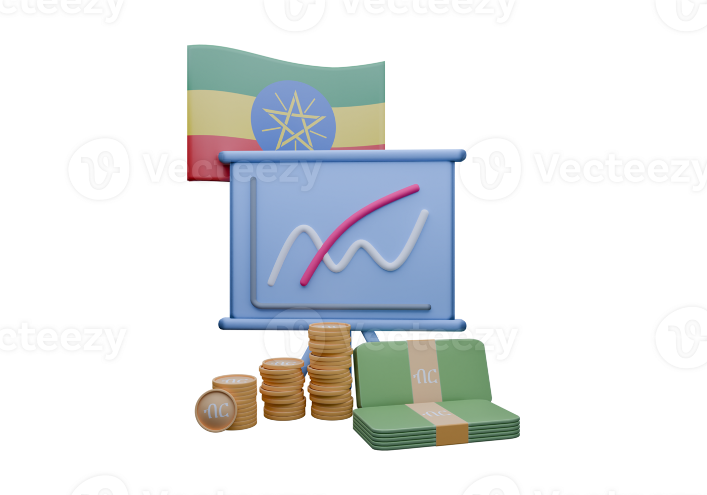 Captivating 3D render illustration of Ethiopia flag and currency called Birr png