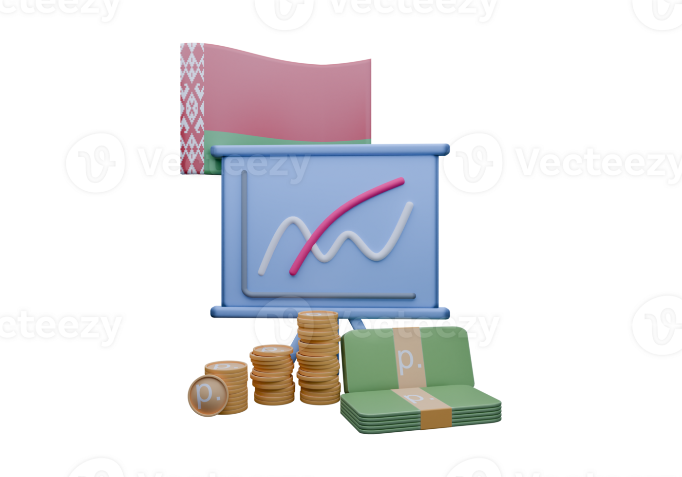 Pleasing 3D render illustration of Belarus flag and currency called Ruble png