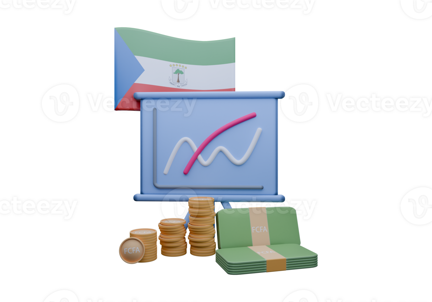 Elegant 3D render illustration of Equatorial Guinea flag and currency called CFA Franc png