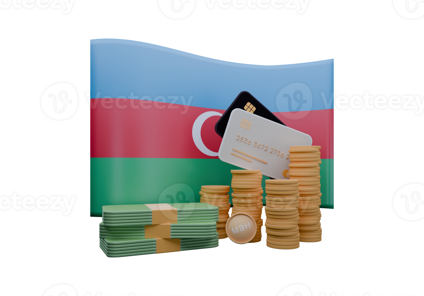 Sophisticated 3D render illustration of Azerbaijan New flag and currency called Manat png