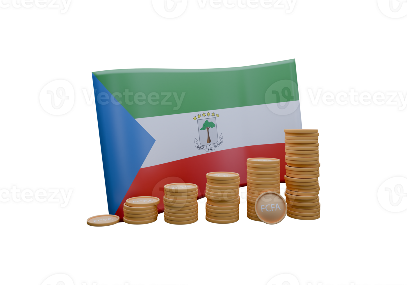Exquisite 3D render illustration of Equatorial Guinea flag and currency called CFA Franc png