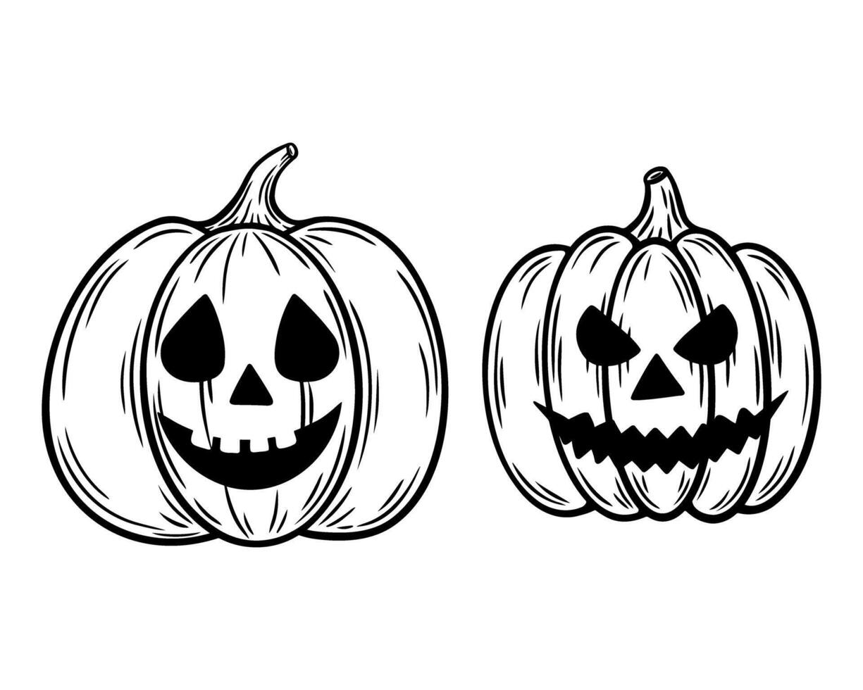 Spooky Halloween pumpkins set, line art illustrations. Laughing Jack o lantern graphic monochrome drawings. Hand drawn outline sketch, engraved illustration. For coloring book, invitation, decoration vector