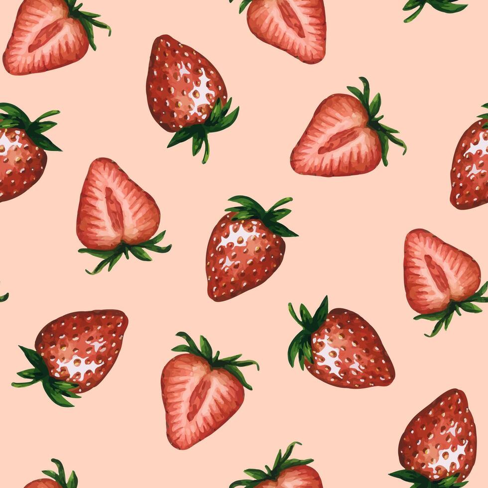Seamless pattern with strawberries and strawberry halves isolated on white background, hand drawn watercolor illustration. Ideal for background, fabric and textile, postcard, packaging vector
