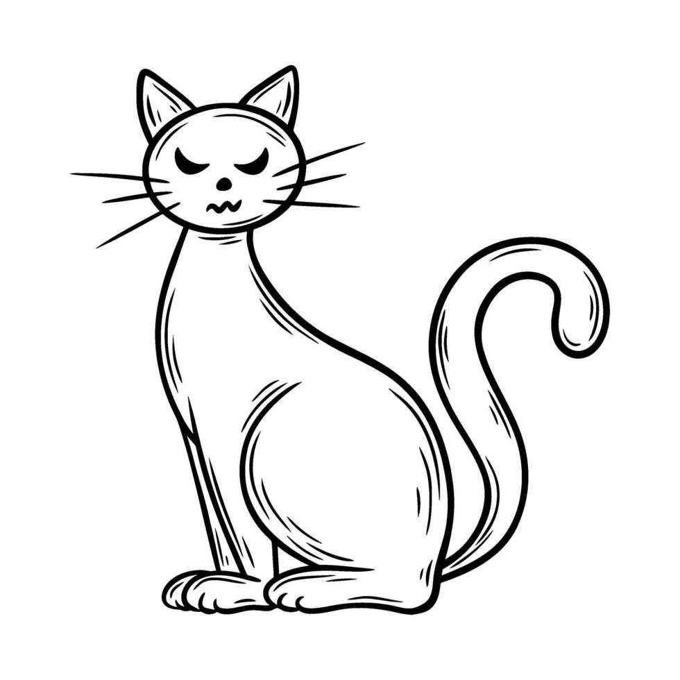 Spooky Halloween cat illustration in line art style. Graphic monochrome drawing. Hand drawn outline sketch, engraved doodle illustration. For coloring book, invitation, decoration. vector