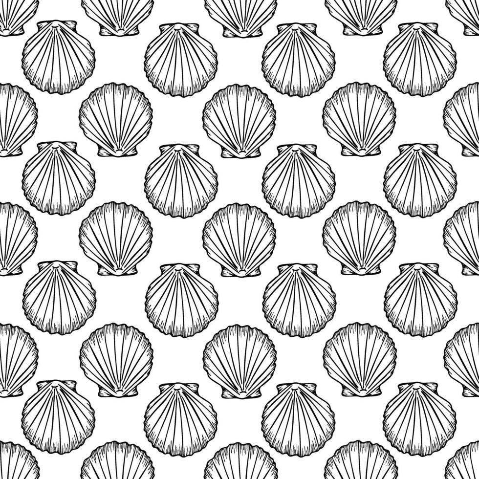 Underwater seamless pattern with seashells line art illustration in black color. Scallop sketch, seashell line drawing. Summer beach seaside print for background, textile, fabric, wrapping paper vector