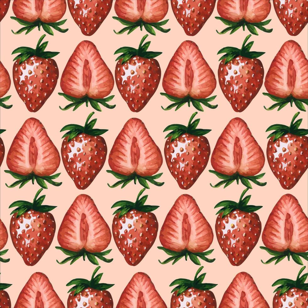 Seamless pattern with fresh and juicy strawberries and strawberry halves isolated on white background, hand drawn watercolor illustration. For background, fabric and textile, postcard, packaging. vector