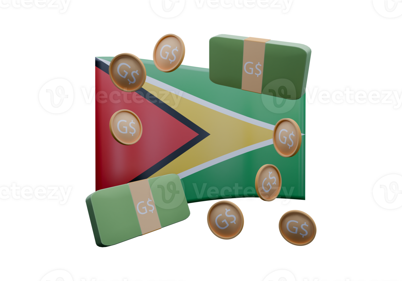 Splendid 3D render illustration of Guyana flag and currency called Guyanese Dollar png