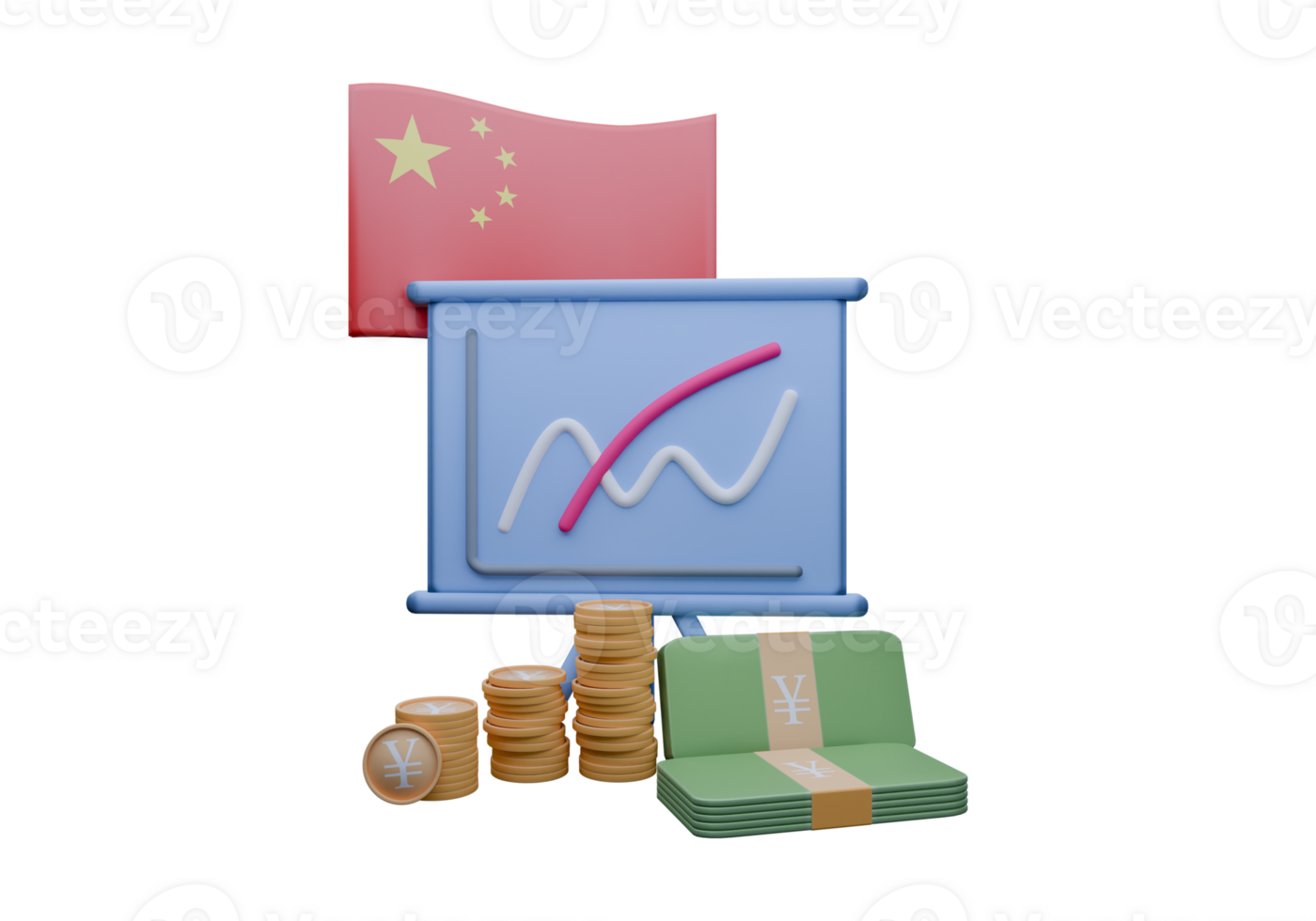Untarnished 3D render illustration of China flag and currency called Yuan Renminbi png