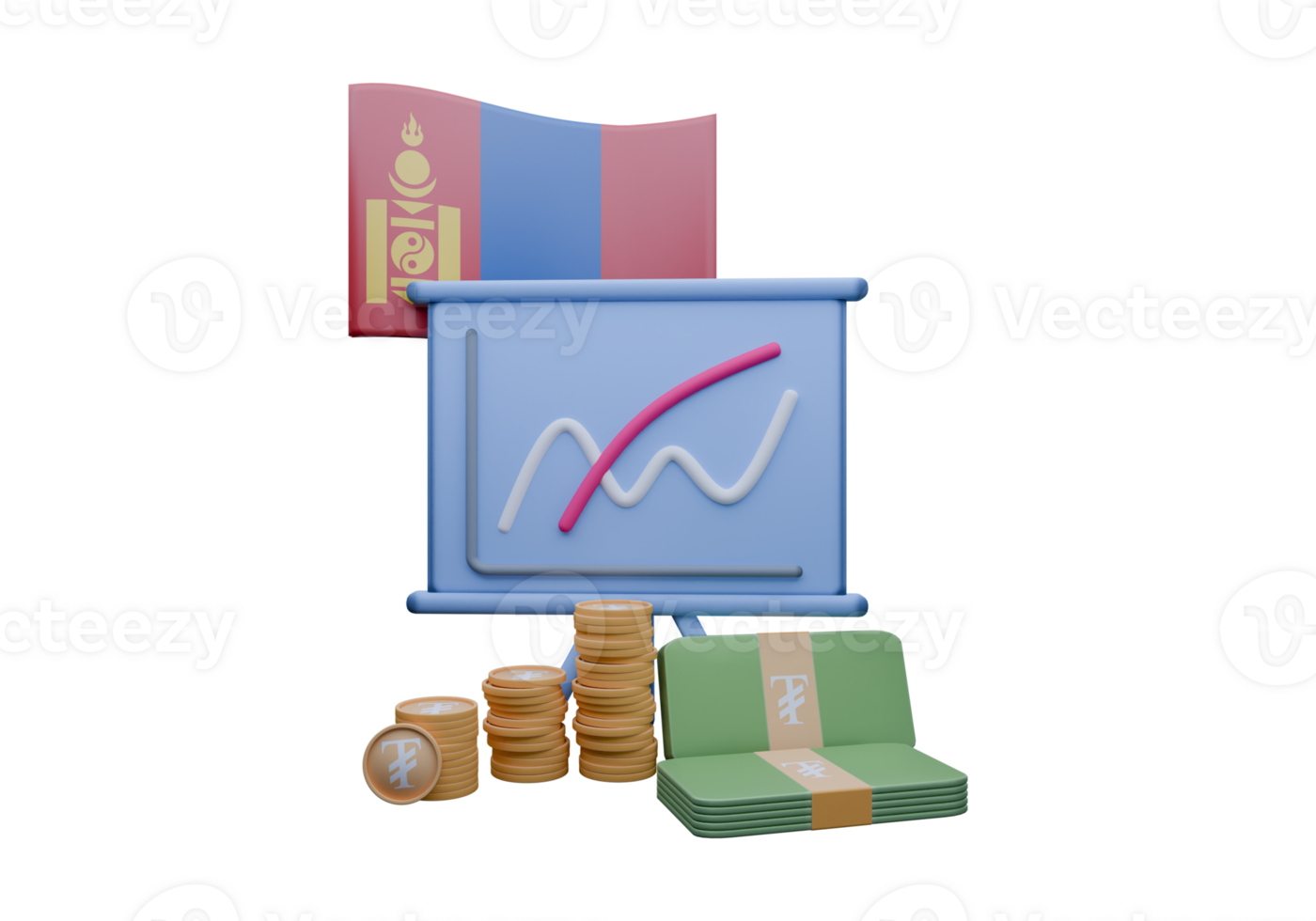 3D render illustration of Mongolia flag and currency called Tugrik png