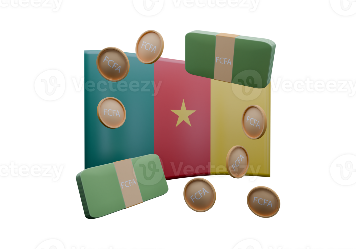 Beautiful 3D render illustration of Cameroon flag and currency called CFA Franc png