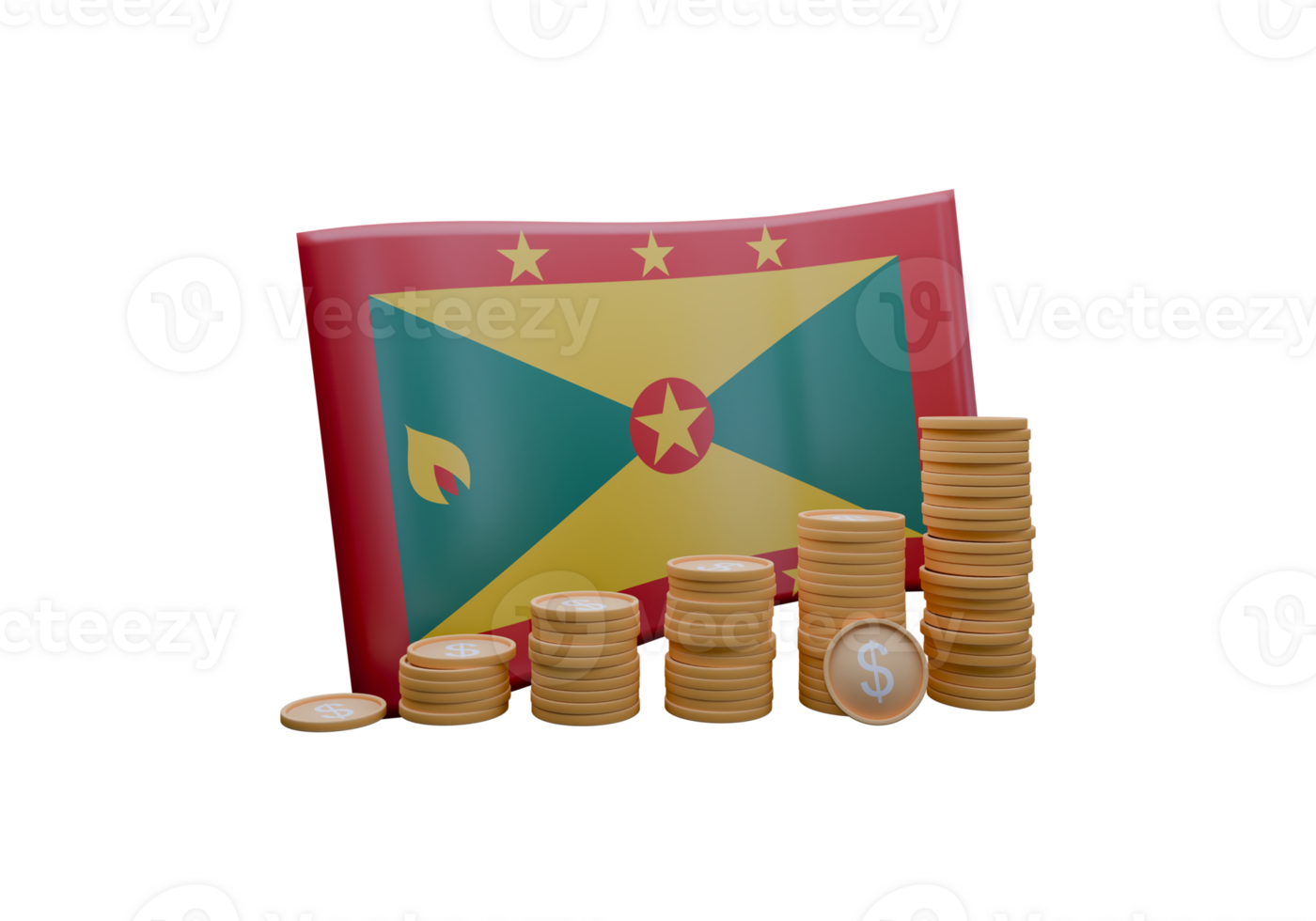 Radiant 3D render illustration of Grenada flag and currency called East Caribbean Dollar png