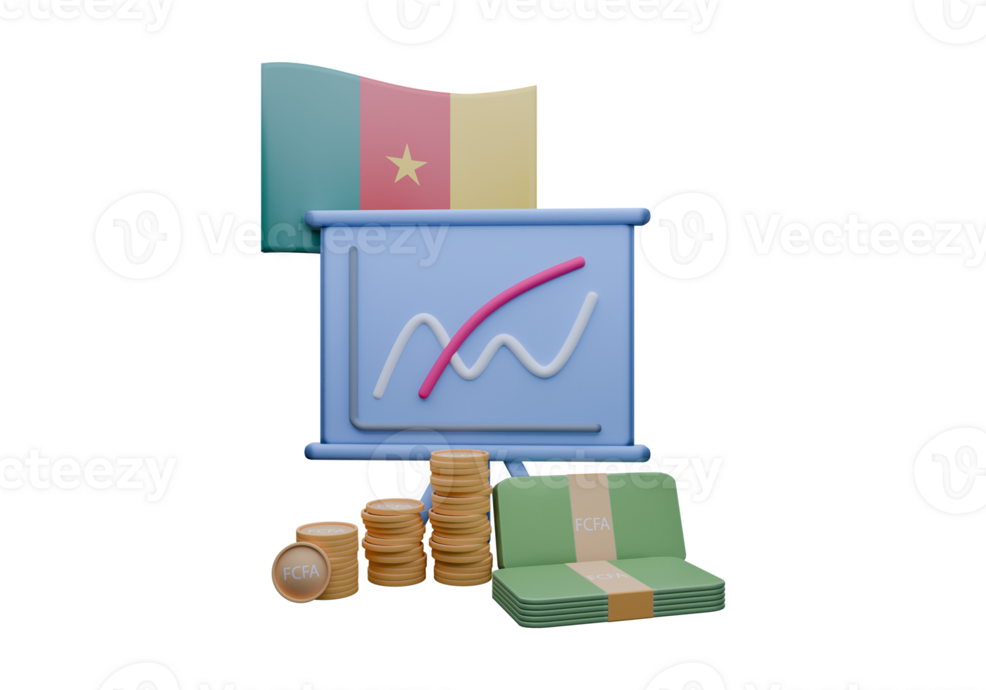 Blazing 3D render illustration of Cameroon flag and currency called CFA Franc png