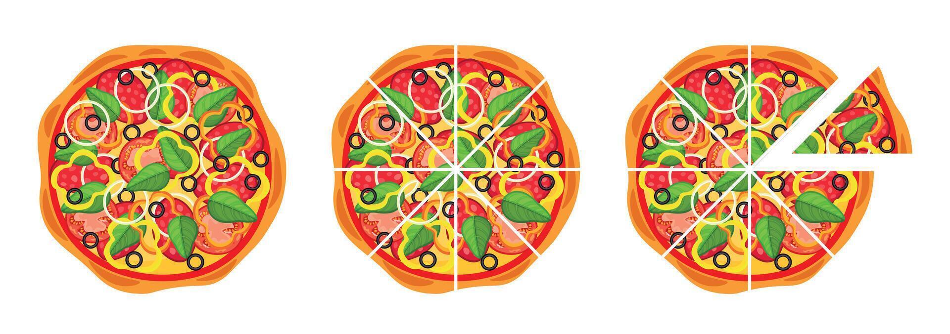 Set of delicious pizza in cartoon style. Whole and sliced pizza with tasty toppings, sausage, bell pepper, tomatoes, olives, onion rings and basil leaves, ketchup vector