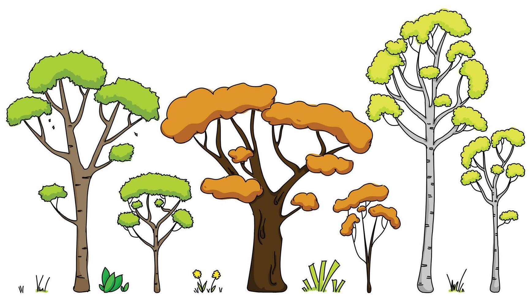 Set of stylized, full color, hand drawn trees vector