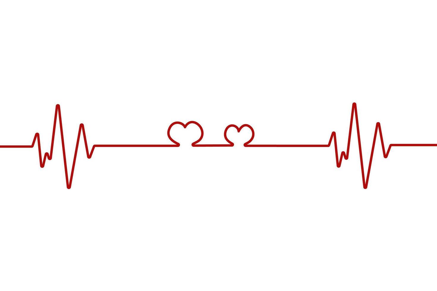 Heart pulse one line red cardiogram sign heartbeat, cardiogram in the form of pulsation of two hearts. vector