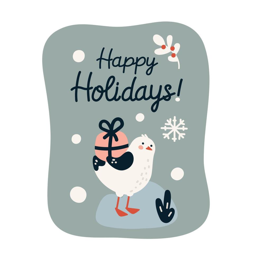Greeting card with a seagull and the inscription Happy Holidays, flat style vector