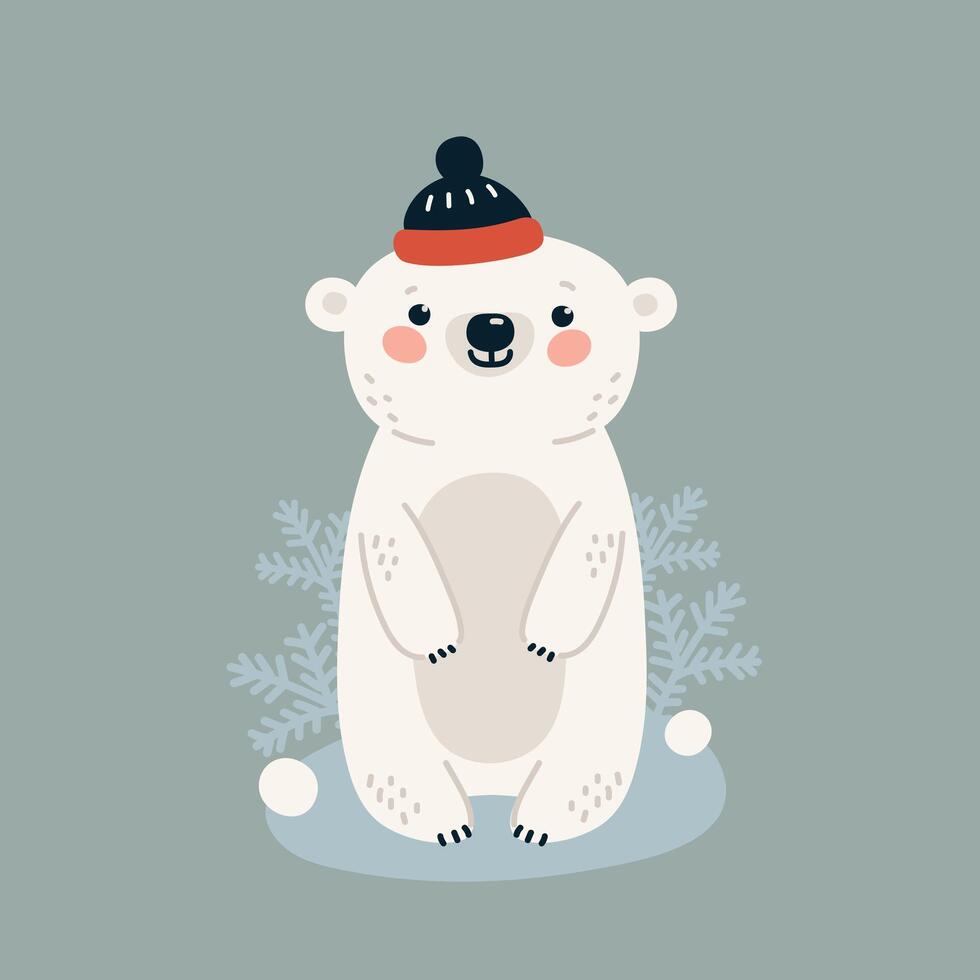 Cute white cartoon bear in hat, winter illustration in flat style. vector