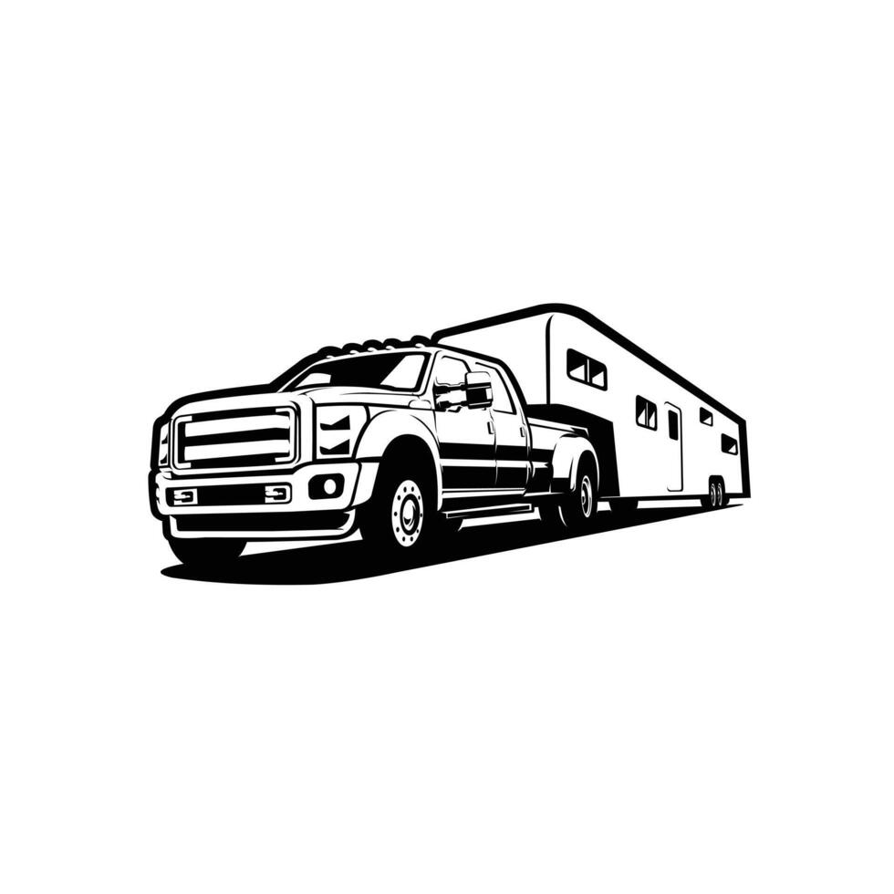 Pickup truck towing caravan trailer monochrome silhouette design isolated. Best for outdoor campervan related industry vector