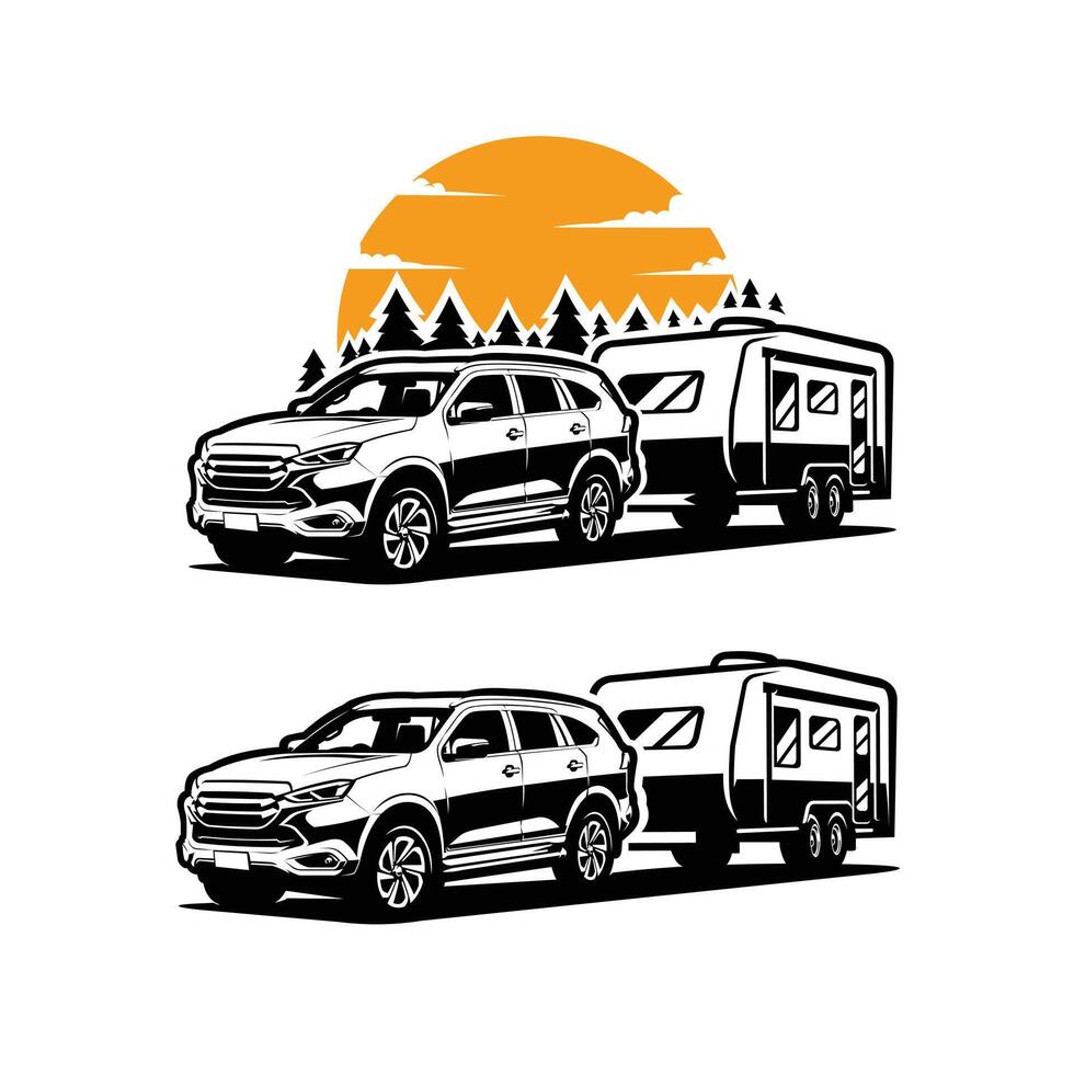 SUV Towing Caravan Trailer Design Art Illustration. Best for Automotive Outdoor Activity Related Print Design vector