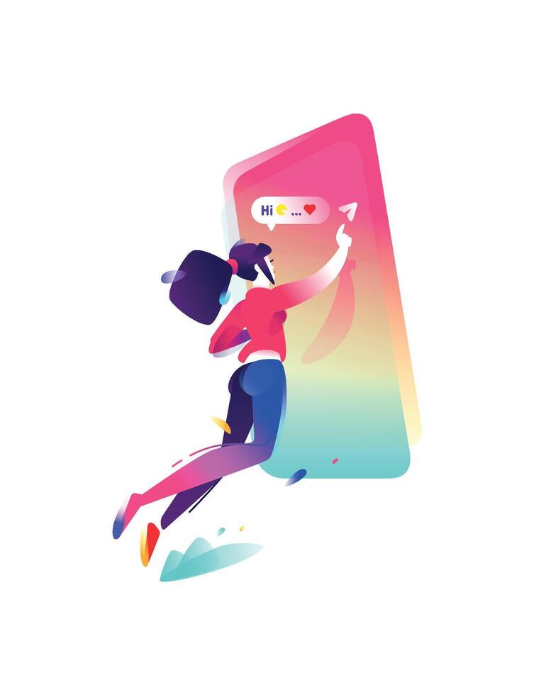 Illustration of a girl and a smartphone. The girl is chatting and communicating. Image is isolated on white background. Character girl. Illustration for banner and website. vector