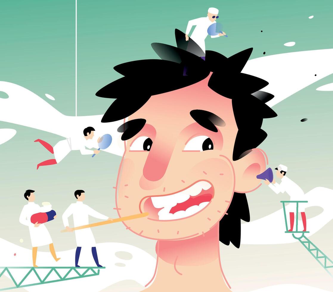 Illustration of a cheerful man at a doctor's reception. A young man undergoes medical prophylaxis and tests. Flat illustration for banner and site. Cute character. vector