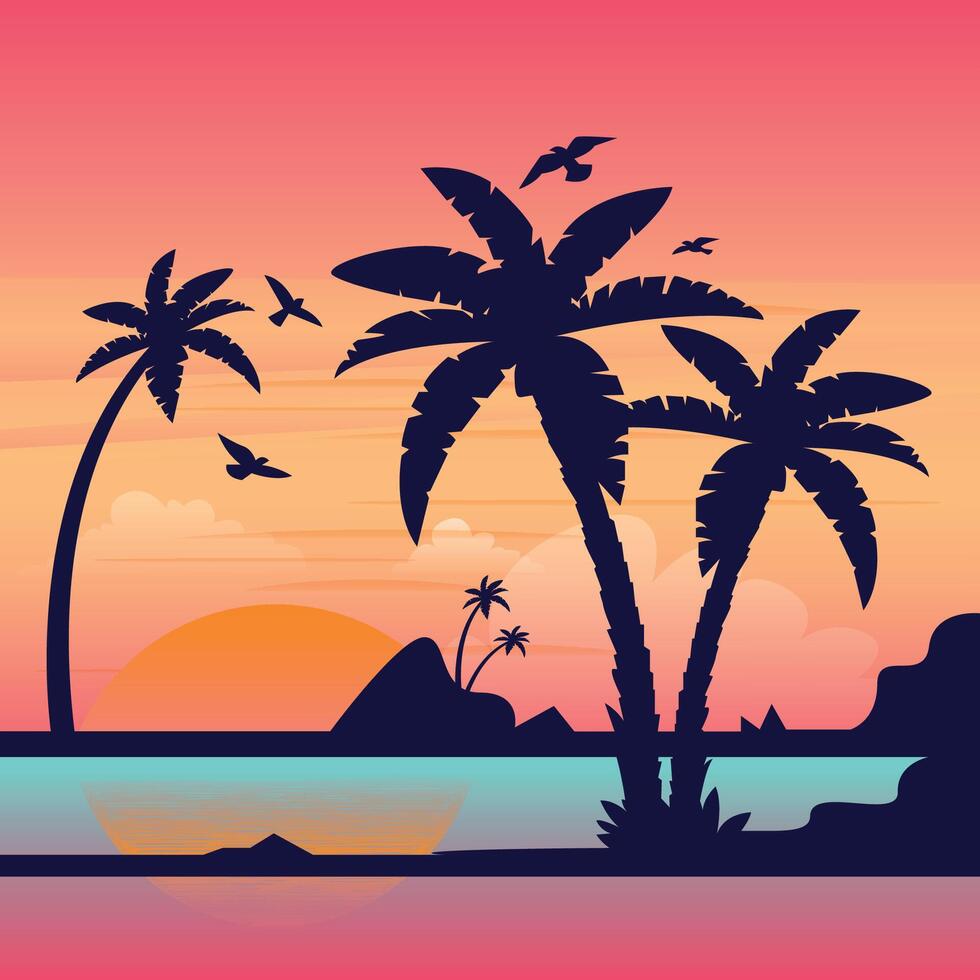 Gradient beach sunset landscape with flying birdsGradient beach sunset landscape with flying birds vector