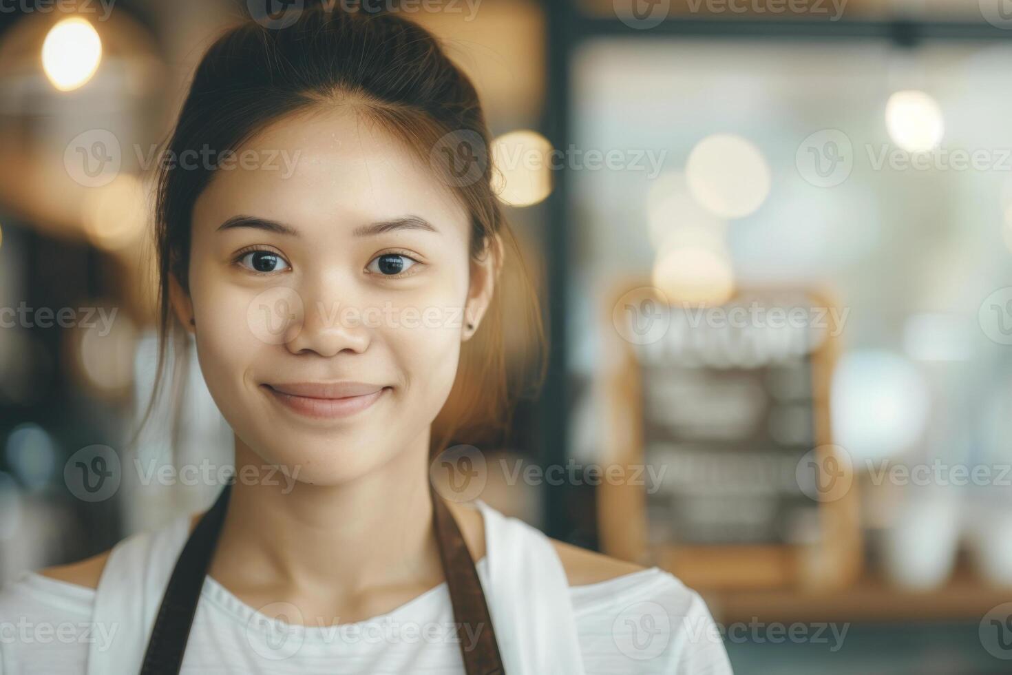 Young Asian Woman Smiling in a Modern Coffee Shop Ambiance photo