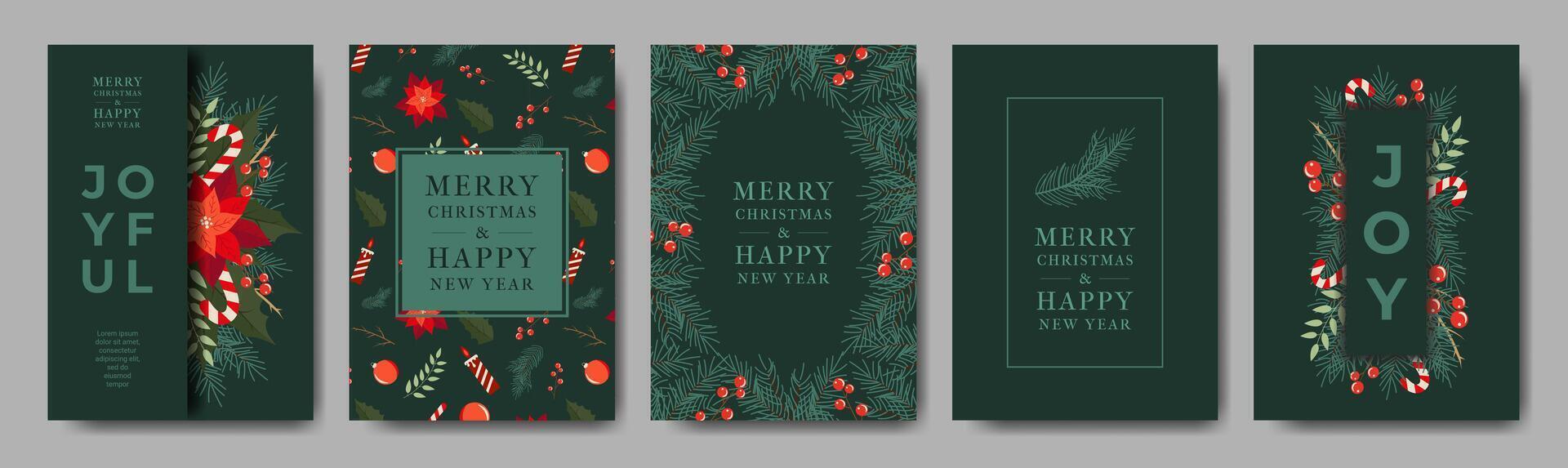 Modern Cards Collection with Spruce Branch, Poinsettia, Berries. Fun and Bright Universal Art Templates. Traditional Christmas and New Year Posters with Trendy Fonts for Social media, Website. vector